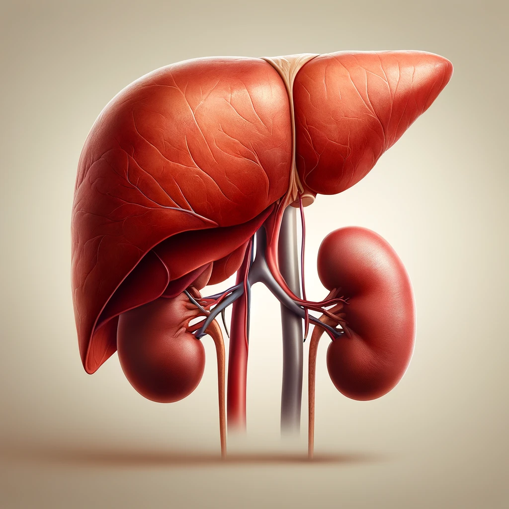 An anatomical illustration of a human liver and kidneys, depicted in a realistic and educational style. The liver is large and located on the right side, with a reddish-brown color, showing its texture and lobes. The kidneys are smaller, bean-shaped, located below the liver, with a rich red color, highlighting their structure and veins. The background is neutral to enhance the focus on these vital organs. This image is suitable for educational and medical purposes.