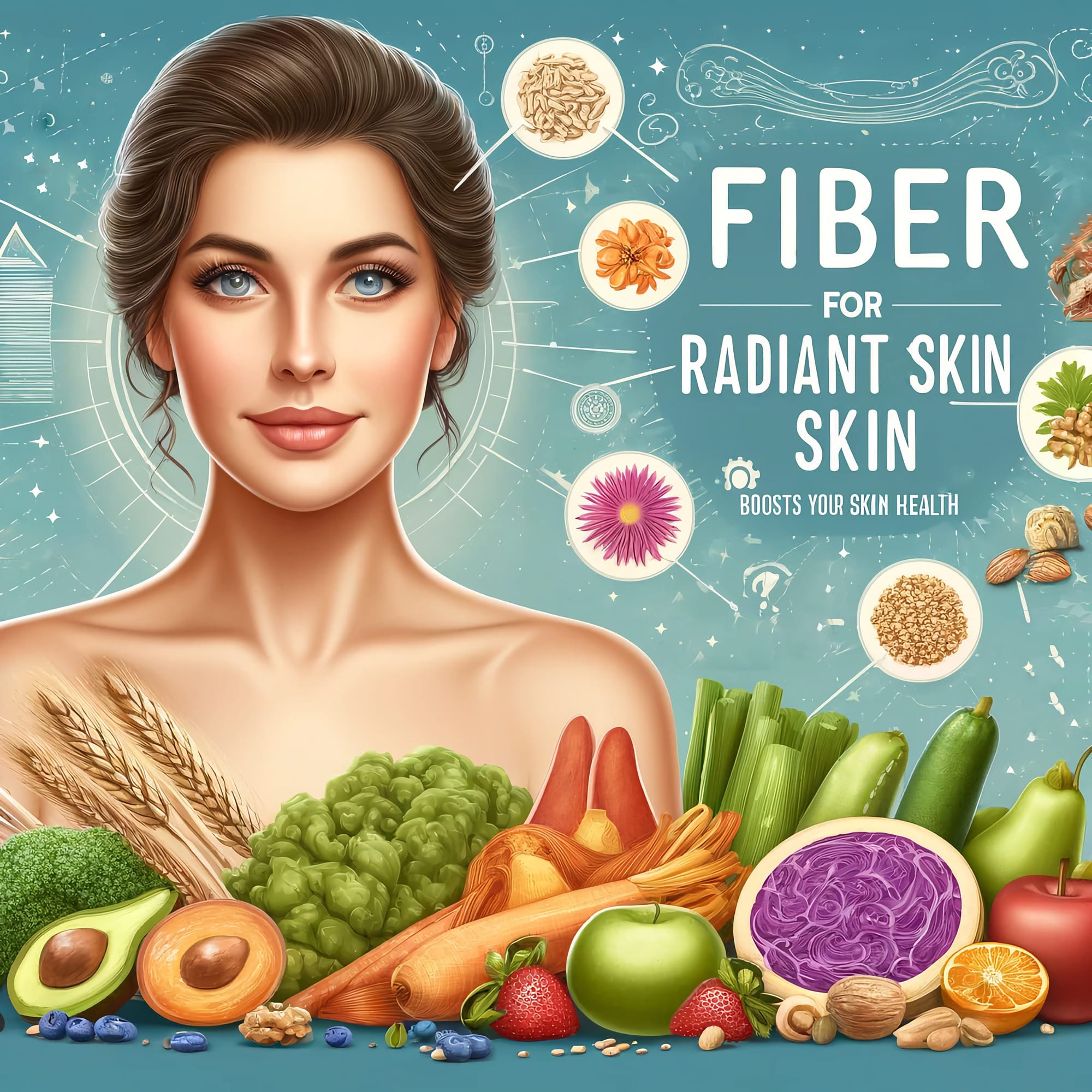 A colorful array of fruits, vegetables, and whole grains, with a glowing skin radiating from within, surrounded by a halo of fiber-rich foods