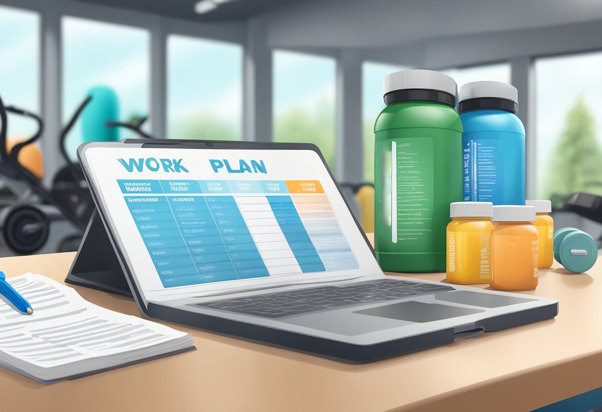 A table displays various supplements, protein powders, and vitamins next to a workout plan and water bottle. A gym environment is suggested with equipment in the background