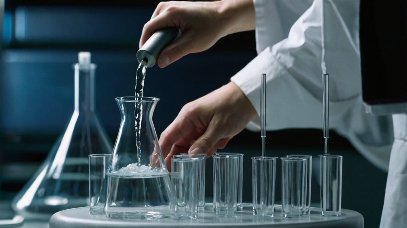 A lab technician conducts various tests on blood samples. Equipment includes test tubes, microscopes, and lab coats